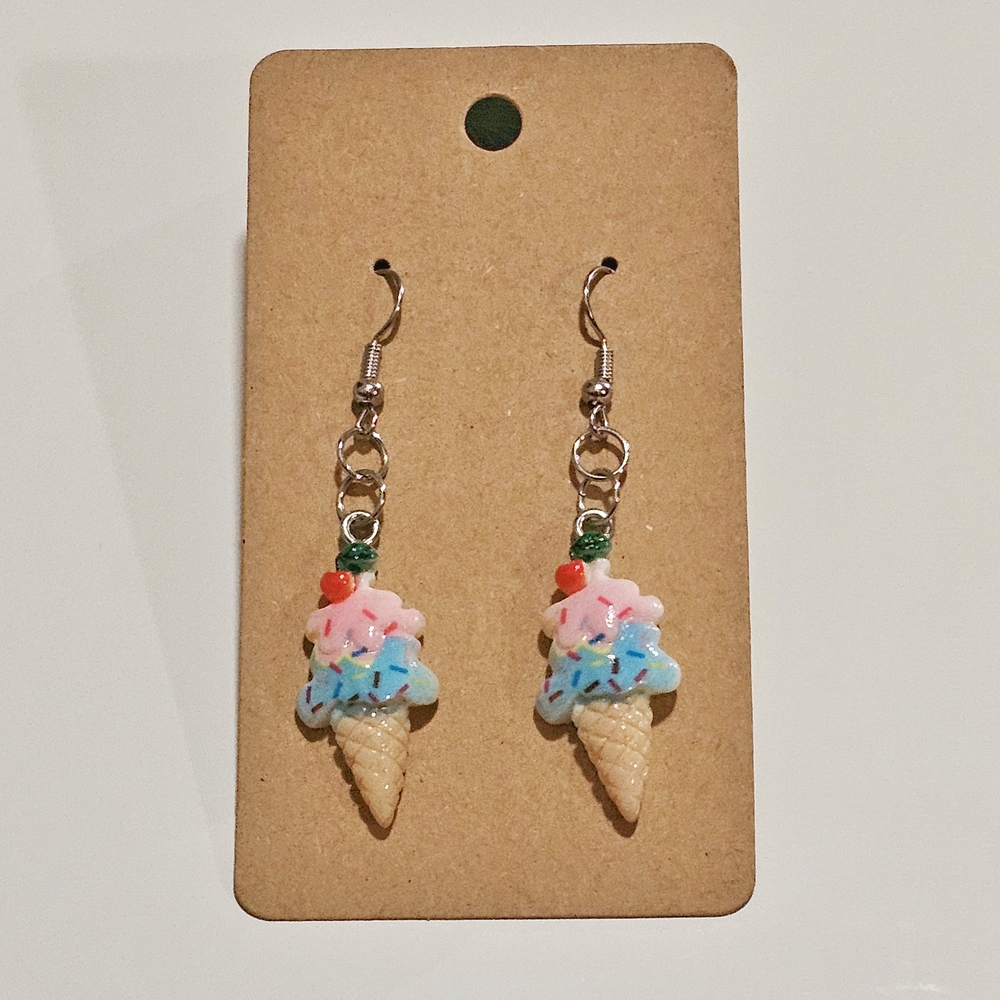 Playful Ice Cream Cone Earrings with Pink and Blue Scoops